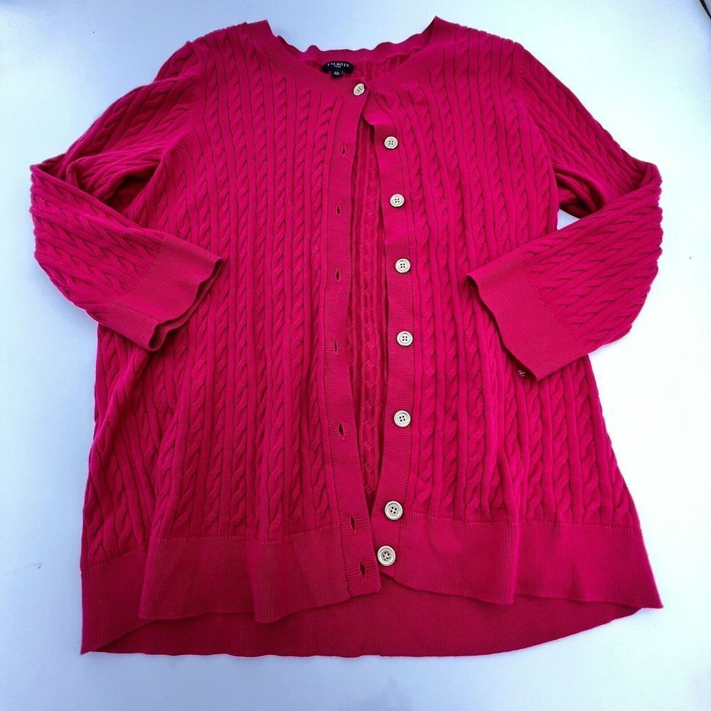Talbots Cardigan Womens 2X Dark Pink Cable Knit Long Sleeve Button Front Career